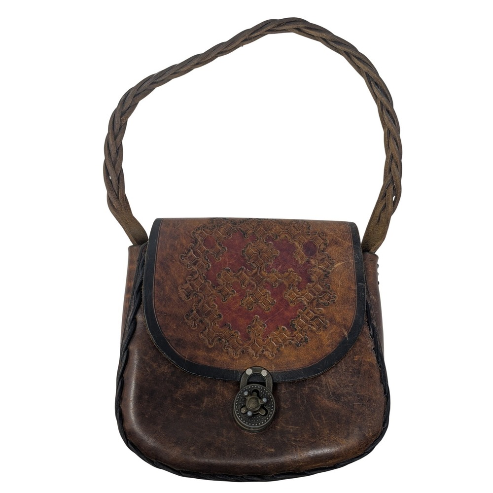 Vintage Tooled Leather Shoulder Bag Lock Closure Brown Boho Western